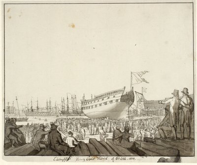 Linieskibet Prins Christian Frederik løber af stabelen af Christoffer Wilhelm Eckersberg