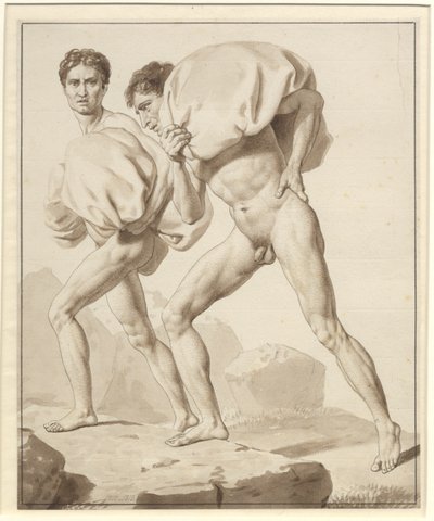 Moses deler vandene og faraos hær er opslugt - Studie for to israelitter på vandring, lastet med bagage af Christoffer Wilhelm Eckersberg