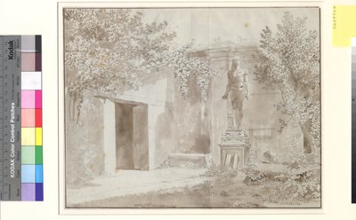 Parti antageligt fra Palazzo Barberinis have med romersk Antinous Statue i ægyptisk stil, Rom af Christoffer Wilhelm Eckersberg
