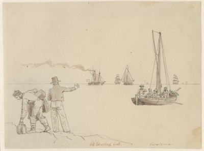 Passagerer sættes ud til Dampskibet Caledonia. af Christoffer Wilhelm Eckersberg