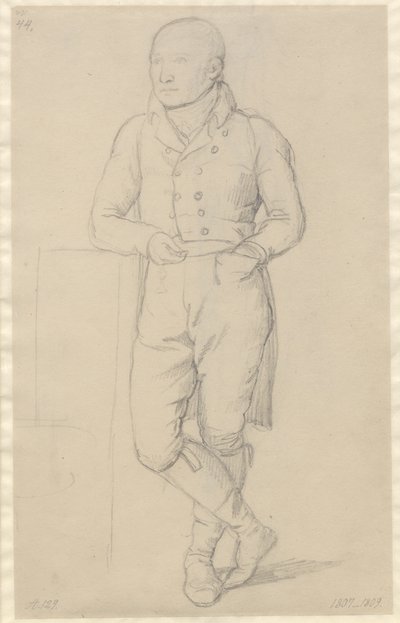 Portræt af en stående mand, med korslagte ben, støttet mod en sofa af Christoffer Wilhelm Eckersberg