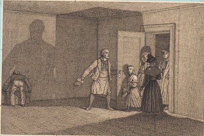 Rejsende får vist deres værelse. Illustration til "Linearperspectiven", Tavle VIII af Christoffer Wilhelm Eckersberg
