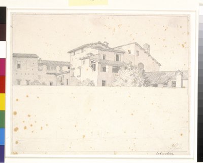 Romerske huse, set over en mur. af Christoffer Wilhelm Eckersberg
