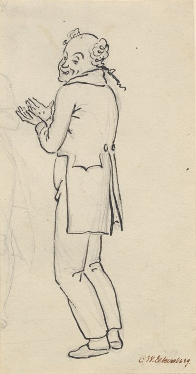 Satirisk blad; en smilende mand, set fra siden, med begge hænder op foran brystet, samt del af et let blyant rids [afskåret] af Christoffer Wilhelm Eckersberg
