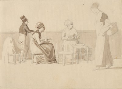 Scene fra en gård eller kaj i Paris. Fire siddende, stående og gående figurer. af Christoffer Wilhelm Eckersberg