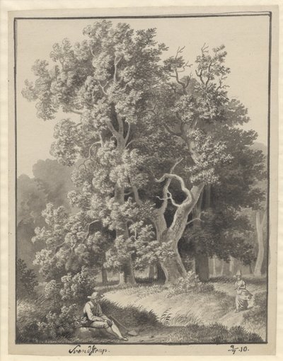 Skovparti ved Svendstrup med et par figurer, forrest en siddende mand med en spade af Christoffer Wilhelm Eckersberg