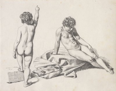 To nøgne småpiger, den ene siddende set forfra, den anden stående set bagfra af Christoffer Wilhelm Eckersberg