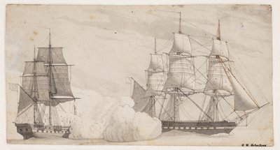 To orlogsskibe i kamp (den engelske fregat Shannon og den amerikanske fregat Chesapeak?) af Christoffer Wilhelm Eckersberg