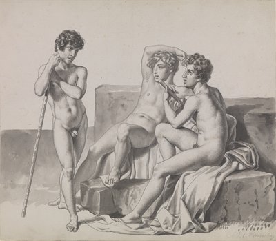 Tre unge nøgne drenge stående eller siddende mellem stenblokke. af Christoffer Wilhelm Eckersberg