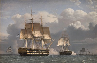 To russiske linieskibe hilser af Christoffer Wilhelm Eckersberg