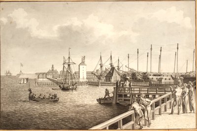 Udsigt fra Langelinie mod Nyholm, t.h. flådens leje af Christoffer Wilhelm Eckersberg