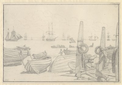 Udsigt fra stranden syd for Helsingør mod vagtskibet, briggen "Falster". af Christoffer Wilhelm Eckersberg