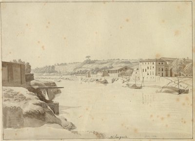 Udsigt over Tiberen mod Porto di Ripa Grande og Porta Portese set fra breden neden for Monte Aventino, Rom. af Christoffer Wilhelm Eckersberg