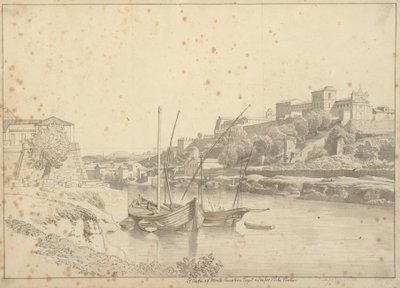Udsigt over Tiberen ved Porto di Ripa Grande uden for Porta Portese mod Marmorata og kirkerne på Monte Aventino, Rom af Christoffer Wilhelm Eckersberg