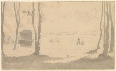 Udsigt over en sø, til venstre et badehus, i midten ryttere der vander heste, forgrunden er træbevokset af Christoffer Wilhelm Eckersberg
