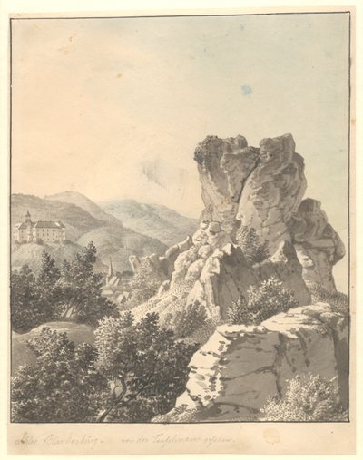 Udsigt fra Harzen, fra Teufelsmauer, Blankenburg Slot i baggrunden af Christoffer Wilhelm Eckersberg