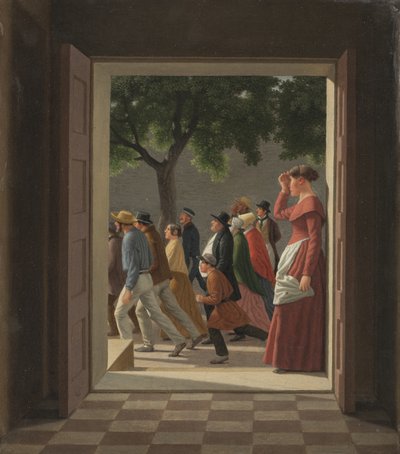 Se gennem en dør til løbende figurer af Christoffer Wilhelm Eckersberg