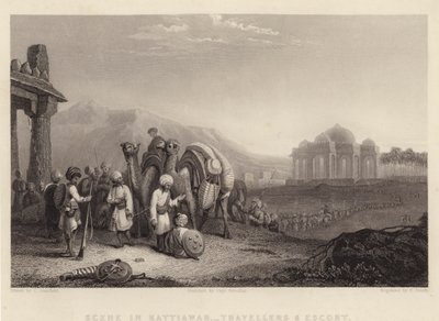 Scene i Kattiawar, rejsende og eskorte (gravering) af C. (after) Stanfield