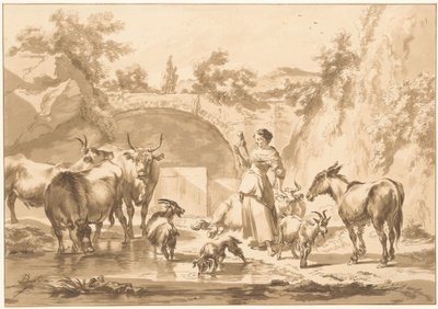 Spindende hyrdinde med flok af C. Dietrich (prentmaker) (possibly)