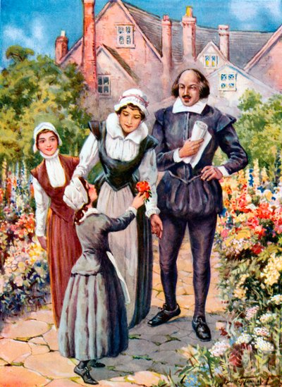 Shakespeare i haven på New Place, Stratford-on-Avon (farvelitografi) af C. Dudley (after) Tennant
