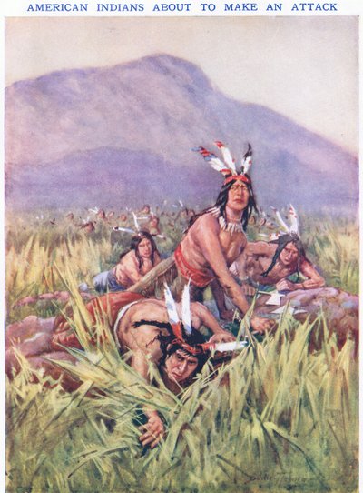 Amerikanske indianere ved at angribe (farve litho) af C. Dudley Tennant