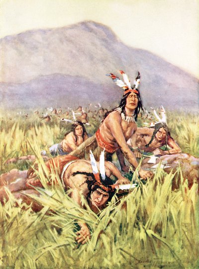 Amerikanske indianere ved at lave et angreb (farve litho) af C. Dudley Tennant
