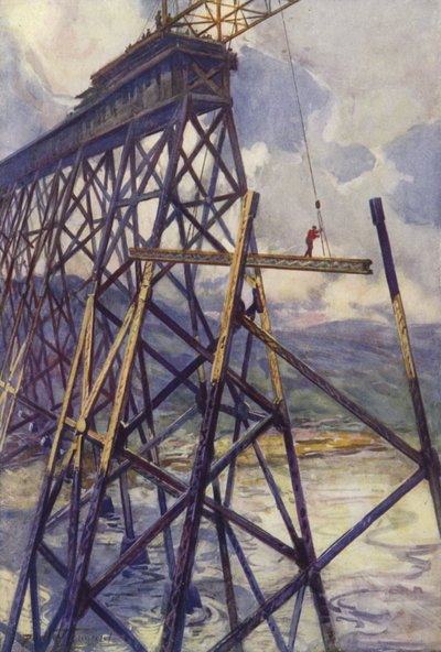 Stålsætning af Battle River Viaduct af Grand Trunk Pacific Railway, Canada (farve litho) af C. Dudley Tennant