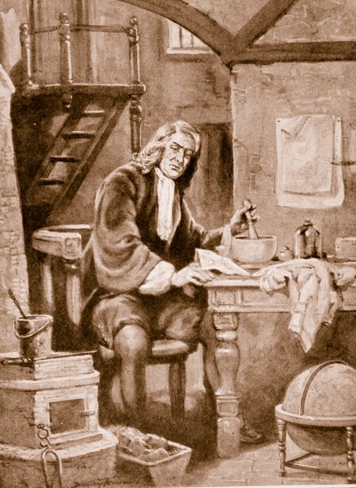 Sir Isaac Newton i sit lille værelse af C. Dudley Tennant