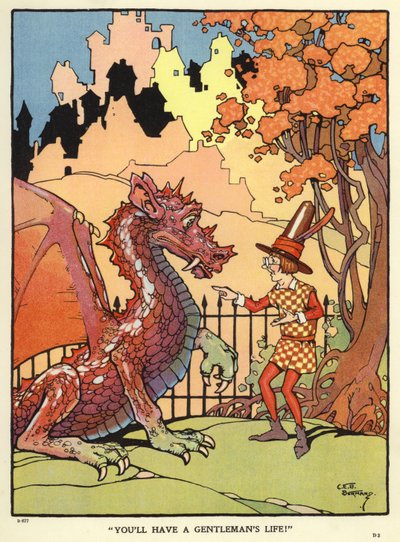 Mand forudsiger en drages fremtid (farve litho) af C. E. B. Bernard