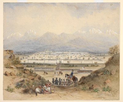 En general gennemgående kavaleri og infanteri, som er ved at gå ind i en bymuret by i et bjergrigt land, måske Kandahar (N.W.F.P.). 1843, efter en tidligere skitse. af C. Graham