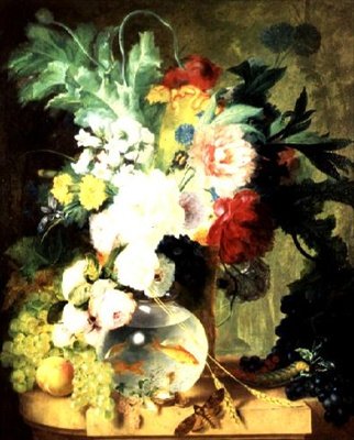 Stilleben med blomster og fiskeskål (olie på panel) af C. Kuipers