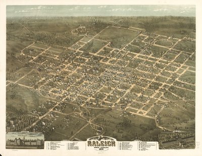 Fugleperspektiv af byen Raleigh, North Carolina 1872. af C. N. Drie
