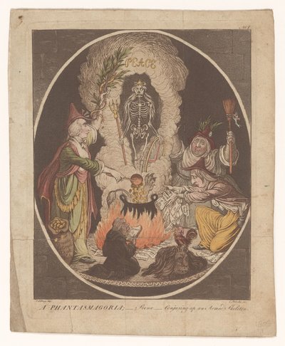 Tegnefilm om freden i Amiens, 1802 En Phantasmagoria; - Scene - Fremmaning af et bevæbnet skelet (titel på objekt) af C. Starcke