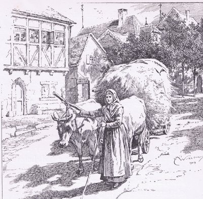 Vogne trukket af stude buldrede gennem de stille gader fra The Child of the Air pub.af Duckworth af C. Wilhelm