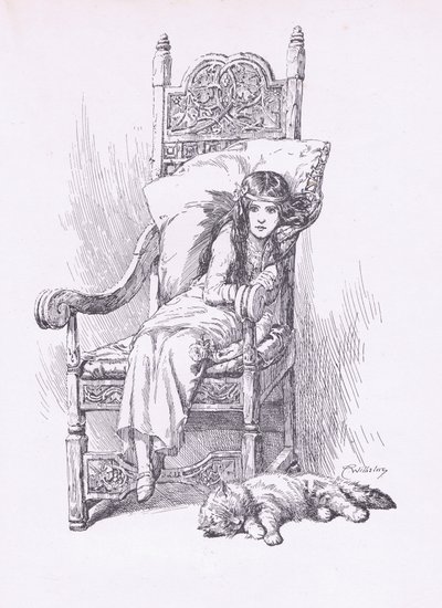 Støttet op i den store lænestol, fra The Child of the Air pub. af Duckworth af C. Wilhelm