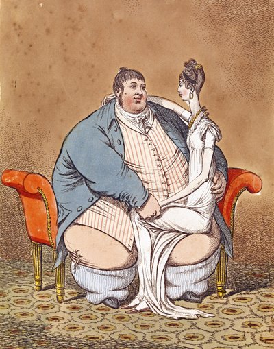 Fedt og magert - Daniel Lambert i kontrast til en tynd kvinde, der sidder på hans knæ, 1806 af C. Williams