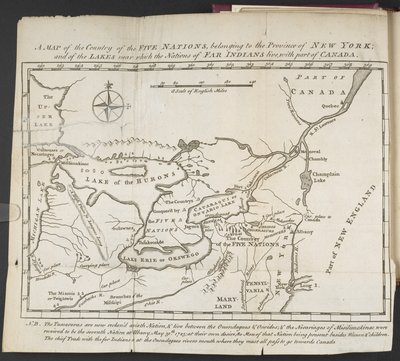 Et kort over de fem nationers land, tilhørende provinsen New York; og af de søer, i nærheden af hvilke nationerne af fjerne indianere bor, med en del af Canada af Cadwallader Colden