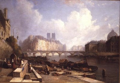 Ile de la Cite, Paris, fra Quai du Louvre (olie på lærred) af Caleb Robert Stanley