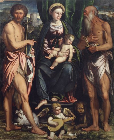 Madonna og barn med St. Johannes Døberen og St. Hieronymus af Callisto Piazza