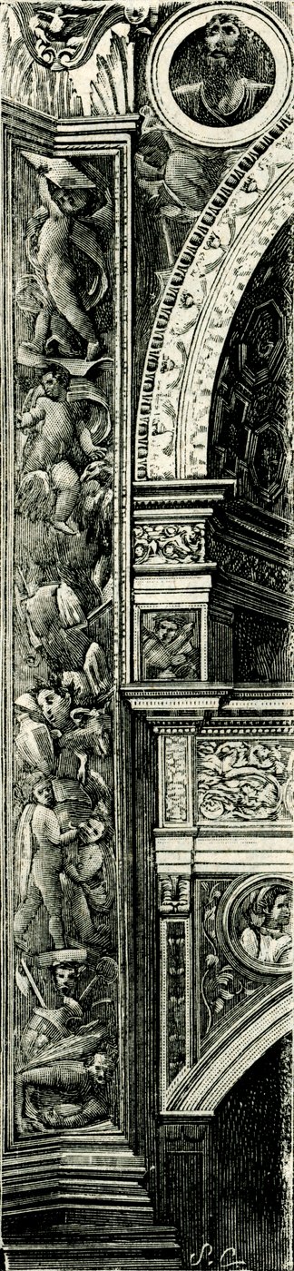 Pilasterstrimmel dekoreret af Callisto Piazza (ca 1500-1561 eller 1562), Tempio Civico della Beata Vergine Incoronata (Tempel for den hellige Jomfru Maria kronet), Lodi, Lombardiet, Italien, træsnit af Callisto Piazza