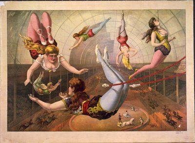 Kvindelige akrobater på trapez i cirkus, ca. 1890 af Calvert Litho. Co.