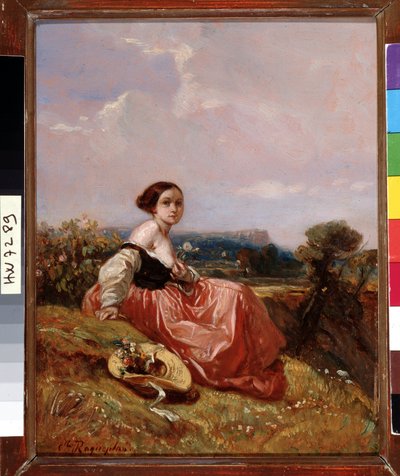 Ung pige i hatten foran Sainte Mountain Victoire-maleriet af Camille Roqueplan (1803-1855) Dim. 18x23 cm Obligatorisk omtale: Samlingsfondens hilsen Provence, Marseille af Camille Joseph Etienne Roqueplan