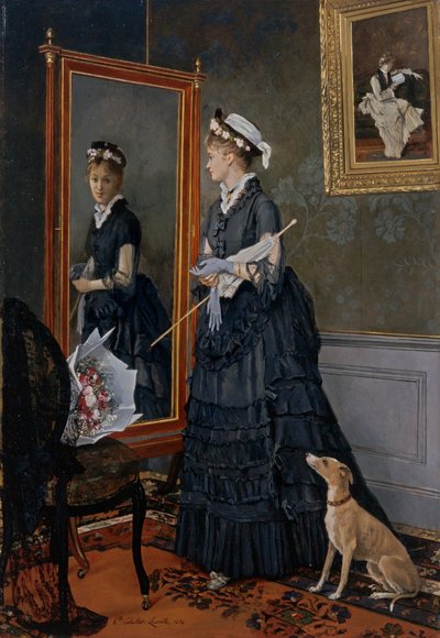 Elegant kvinde, der ser på sig selv i et spejl af Camille-Leopold Cabaillot-Lasalle