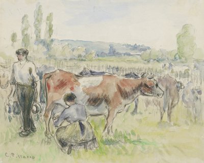 Kompositionsstudie af en malkescene i Eragny-sur-Epte, 1884 (akvarel over sort kridt) af Camille Jacob Pissarro