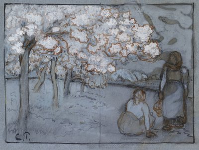 Kompositionsstudie af to kvindelige bønder, der taler i en frugtplantage, ca. 1894 (rødbrun og indisk tusch over trækul forhøjet med bodycolour på blåt papir) af Camille Jacob Pissarro