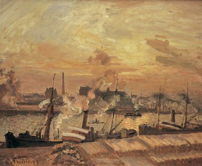 Aflæsning af træ, Quai de la Bourse, solnedgang, 1898. af Camille Jacob Pissarro