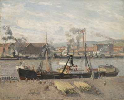 Rouen Havn, Losning af træ, 1898 af Camille Jacob Pissarro