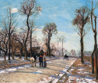 Vejen til Versailles, Louveciennes, vintersol og sne, ca. 1870 af Camille Jacob Pissarro