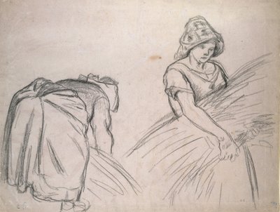 Studie af to kvindelige mejetærskere, 1882 (sort kridt på pink papir med hvid) af Camille Jacob Pissarro