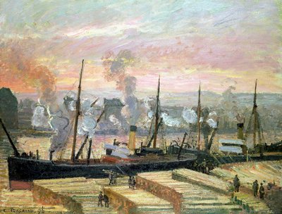 Solnedgang ved Rouen, Boats Lossing Wood, 1896 af Camille Jacob Pissarro
